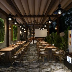 Không gian tổng quan của La Brisa với tường gạch và bàn ghế gỗ khung sắt